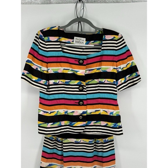 Vtg Rickie Freeman/Teri Jon 2 Pc. Coordinated Stripped Linen Top & Silk Skirt 8 - Picture 3 of 8